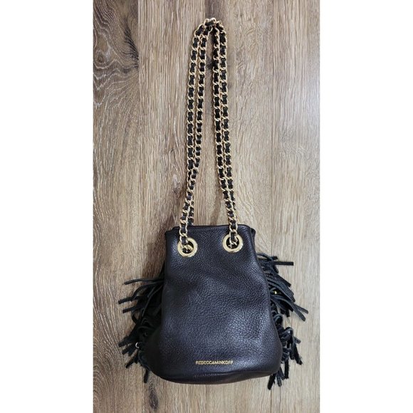 Rebecca Minkoff Handbags - Rebecca Minkoff Black Leather Pouch Bag Gold Chain Suede Tassels Bucket Small